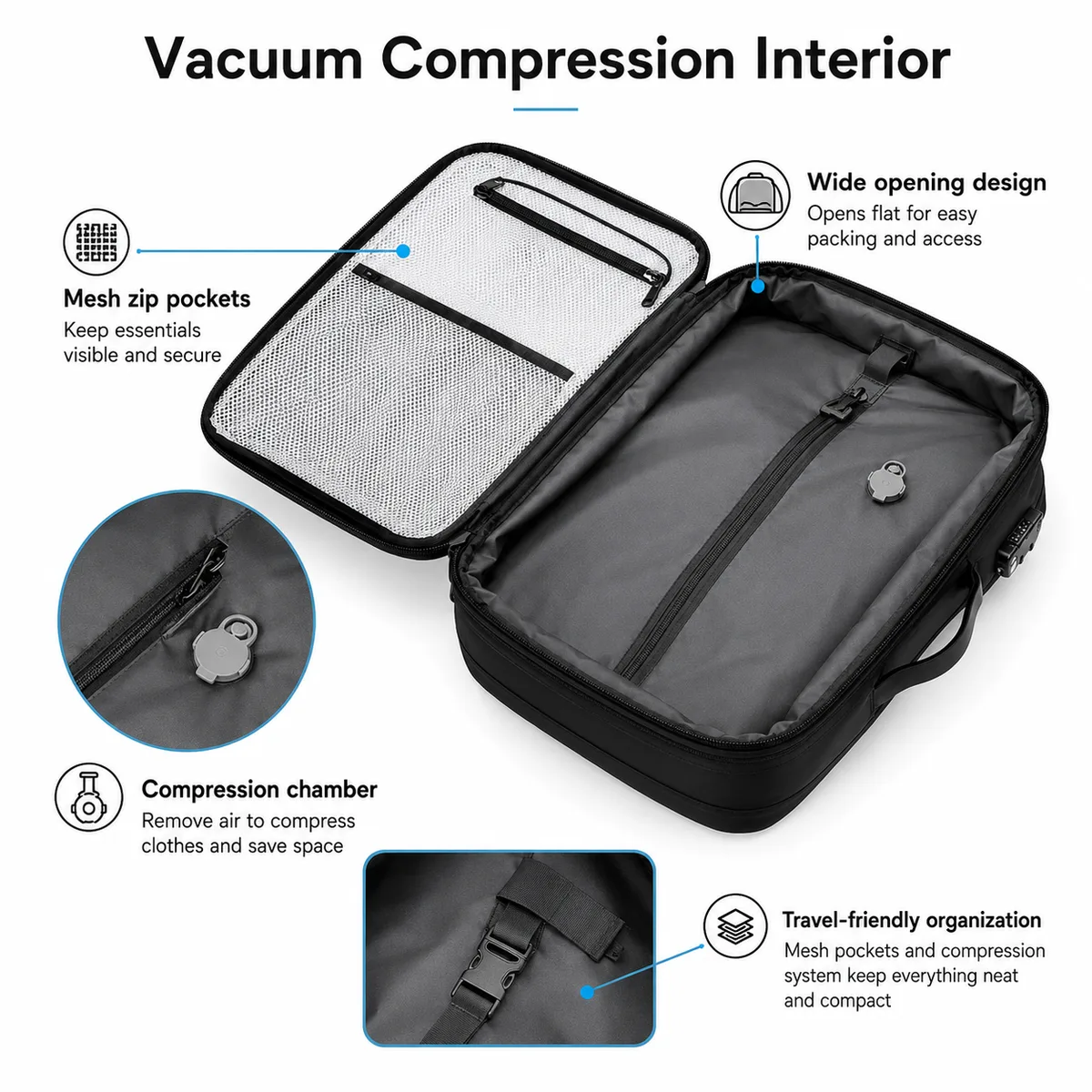 Suitcase-style clamshell opening with organized packing compartments