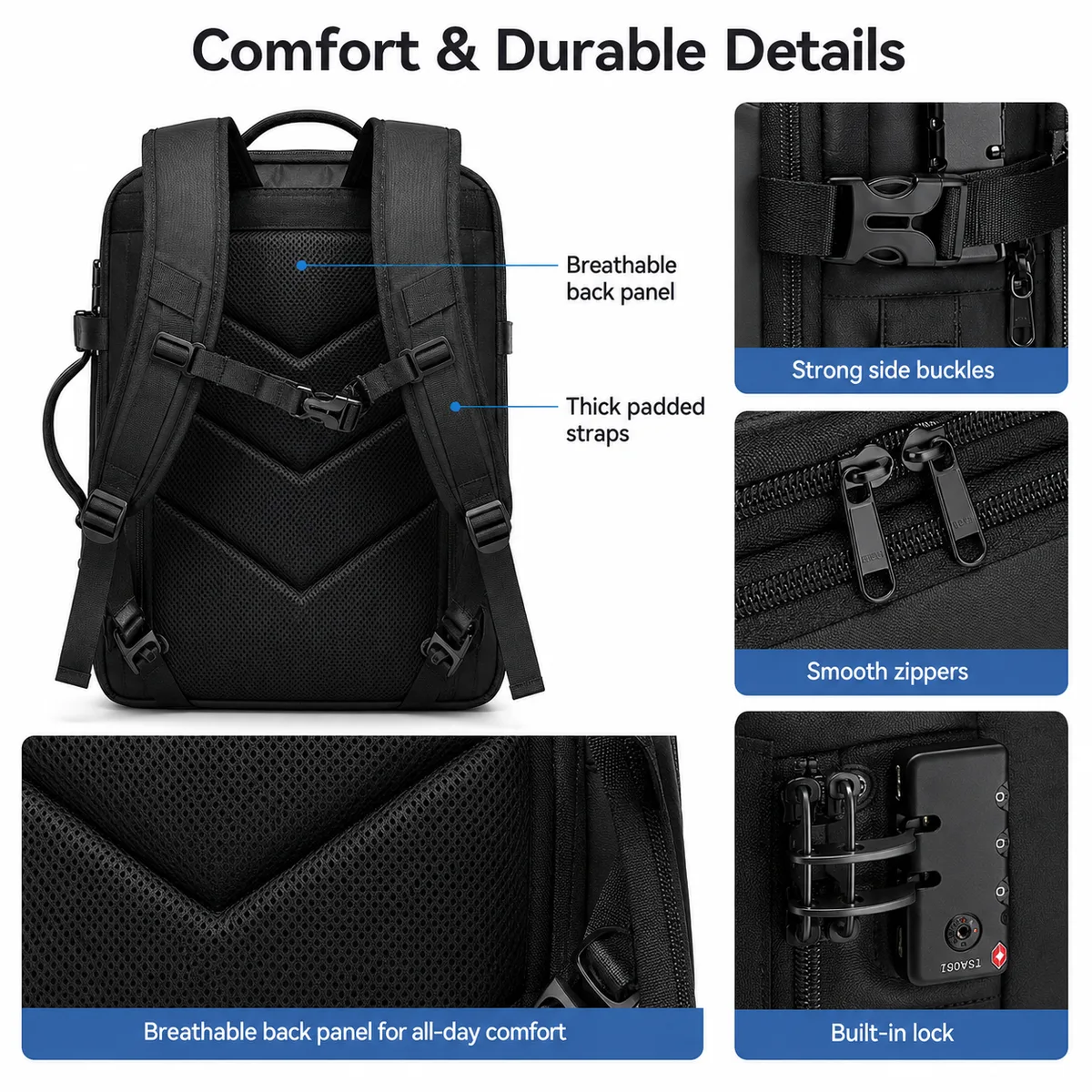 Water-resistant shell, reflective strip and anti-theft lock details