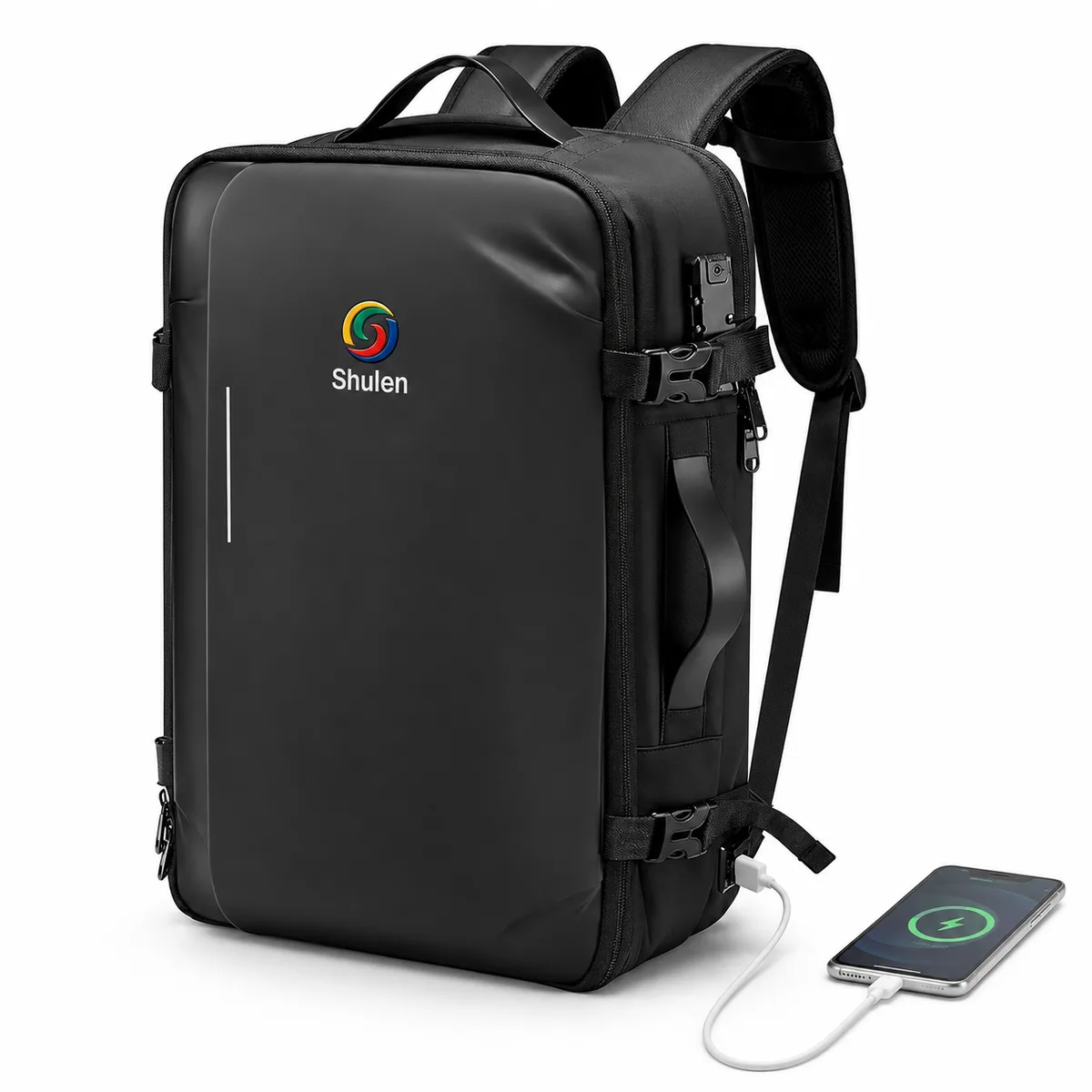Shulen vacuum compression travel backpack, black expandable carry-on with USB port and anti-theft lock