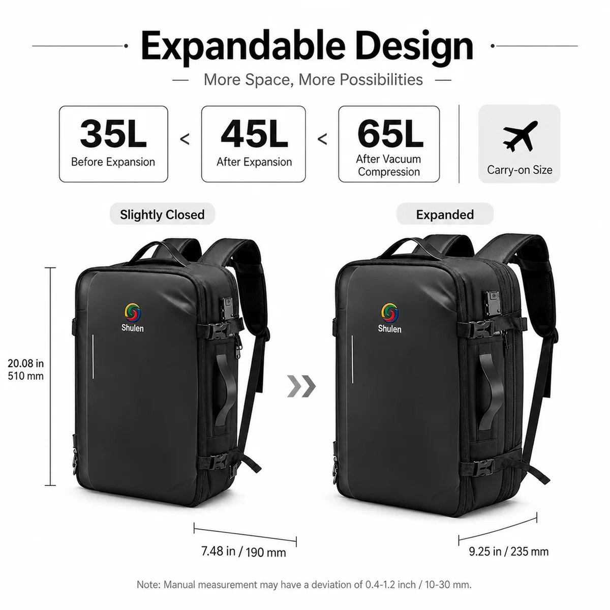 Shulen expandable vacuum compression backpack opened flat like a suitcase