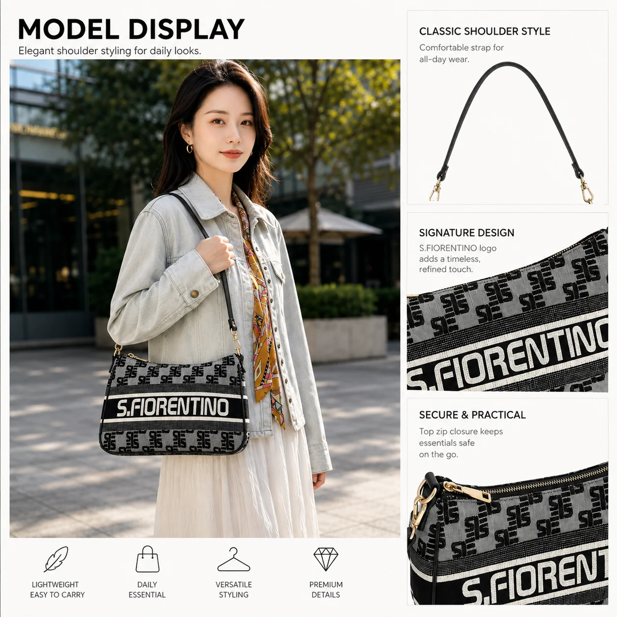 Shulen Monogram Jacquard Shoulder Bag — Compact Baguette Shape