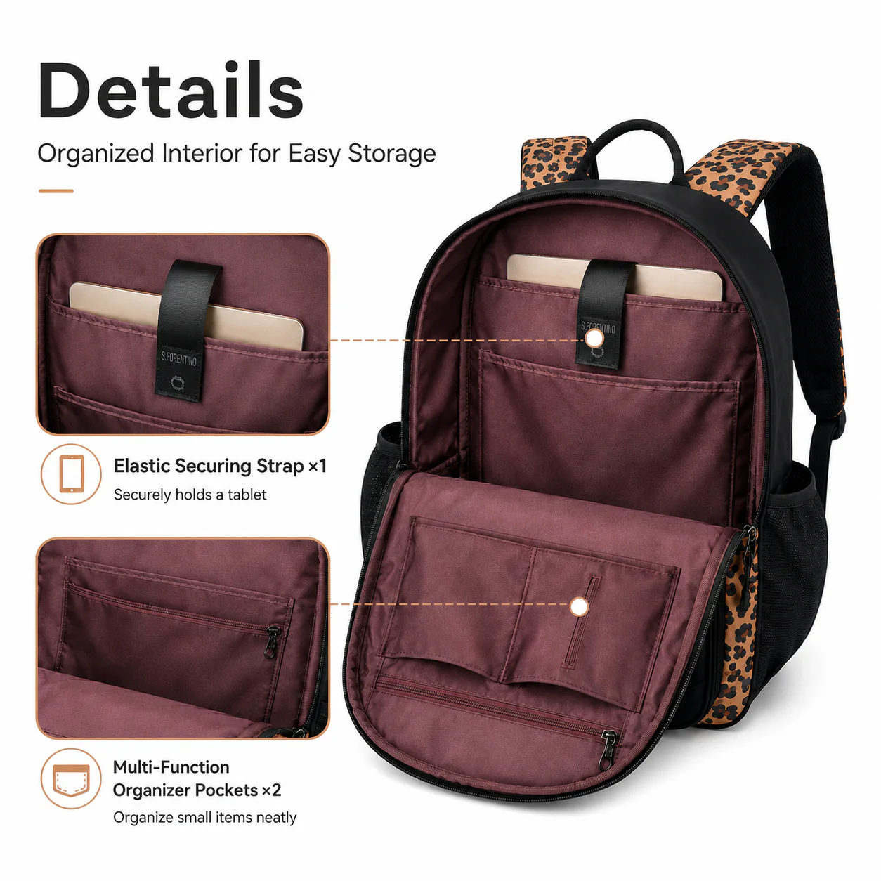 Shulen Leopard Print Multi-Compartment Backpack — Dual Mesh Side Pockets