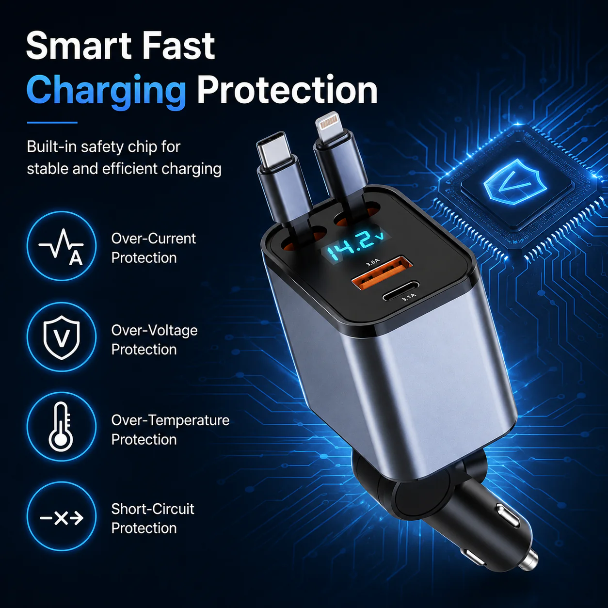 Shulen 4-in-1 Retractable Fast Car Charger — Flexible Positioning for Any Vehicle