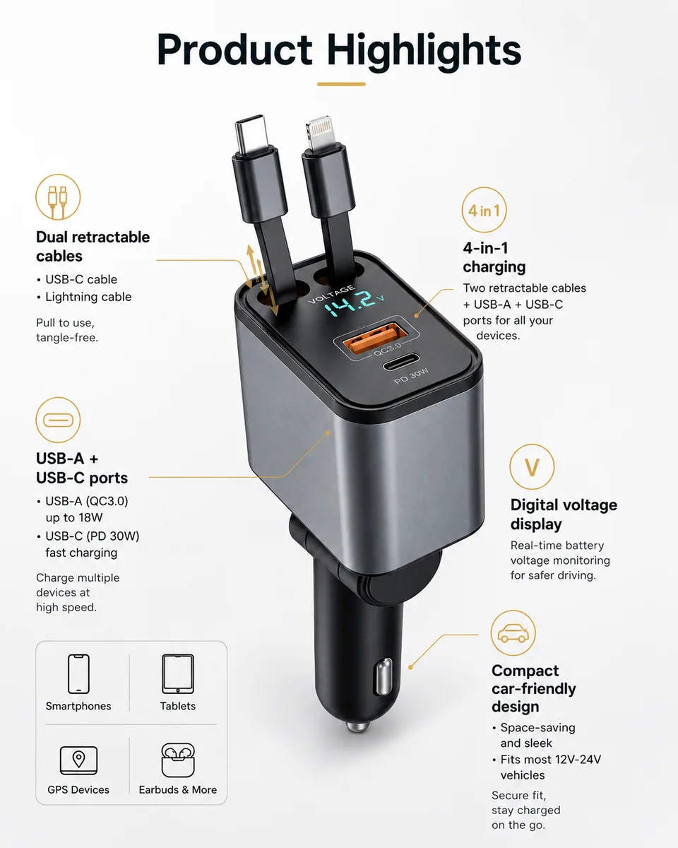 Dual retractable cables extending and retracting from the charger body