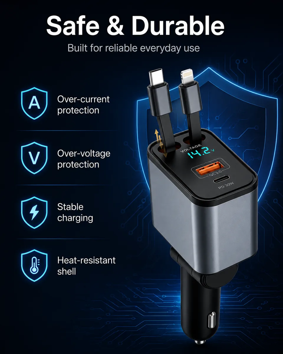 Multi-protocol fast charging powering phones and tablets in a car