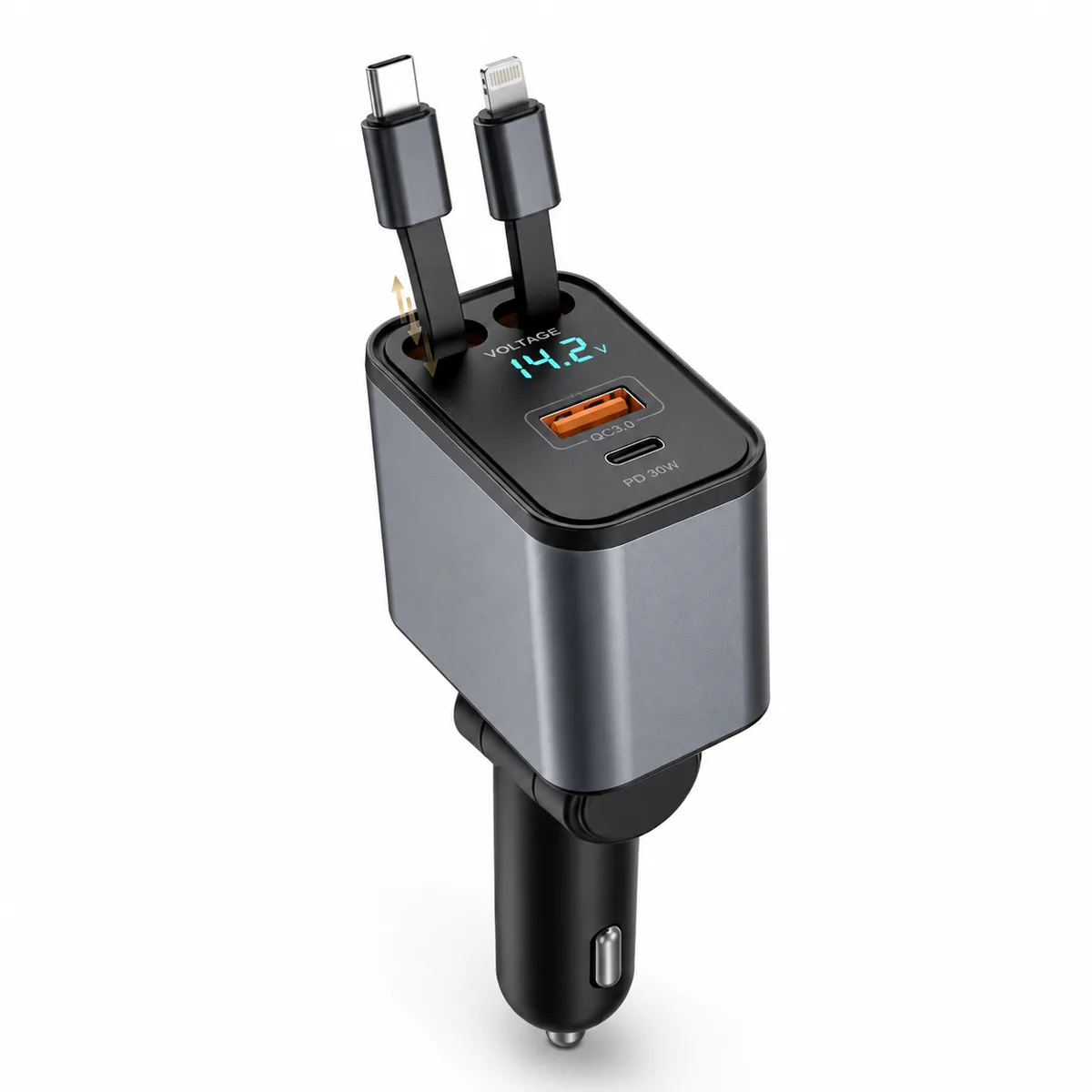 Shulen 4-in-1 retractable car charger with dual retractable cables and LED voltage display