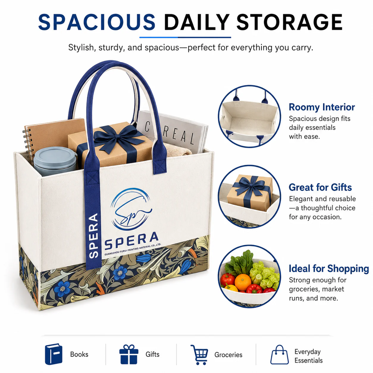Shulen Reusable Felt Tote Bag — Reinforced X-Box Handles