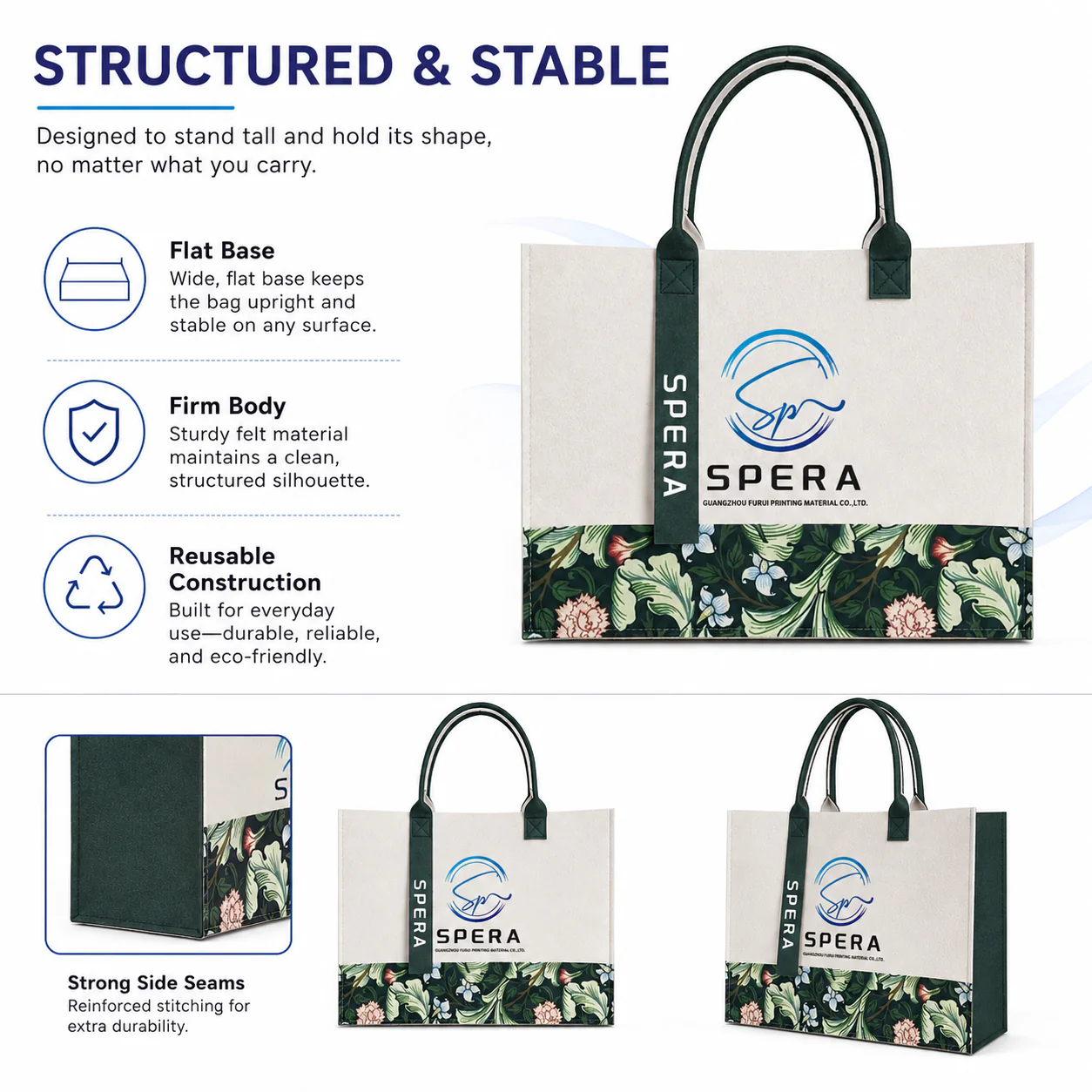 Shulen Reusable Felt Tote Bag — Decorative Floral Base Panel