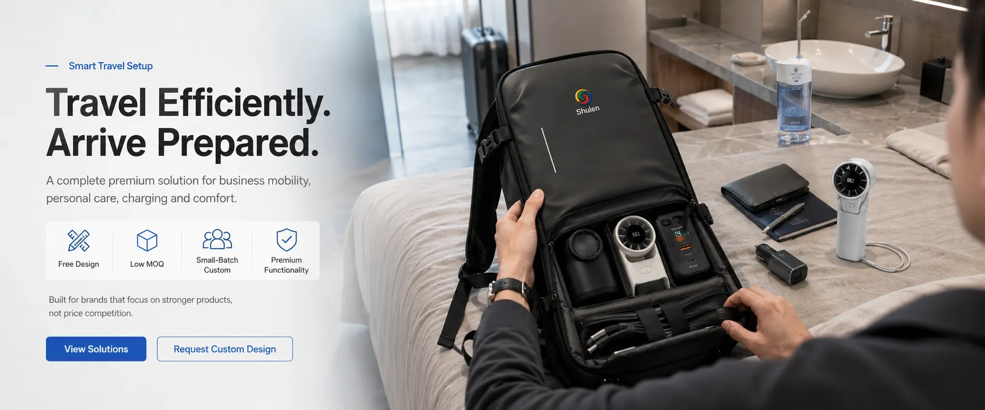 Business traveler packing a Shulen compression backpack with travel accessories