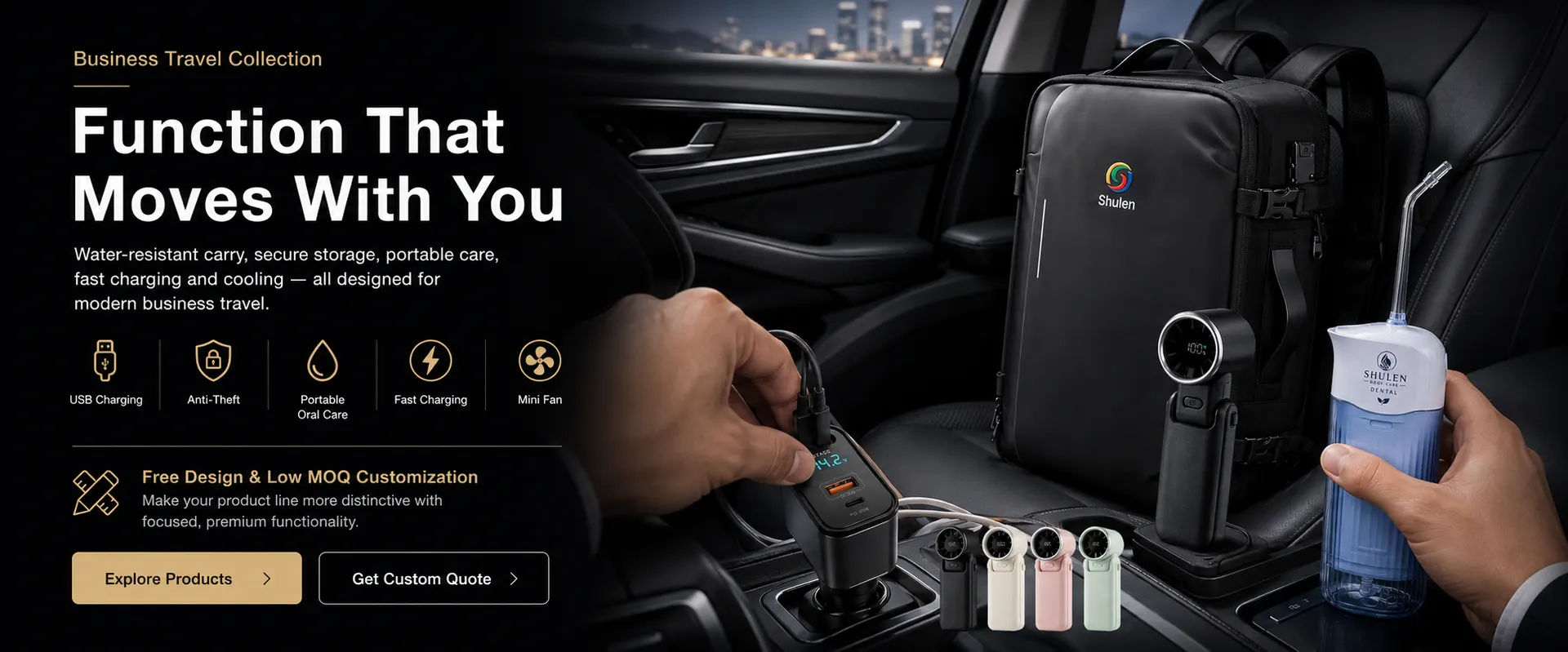 Shulen business travel collection in use inside a car — retractable car charger, backpack and portable water flosser