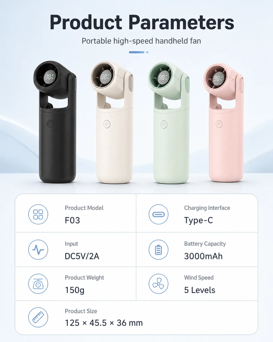 F03 Turbo Mini Fan — Three Ways to Carry