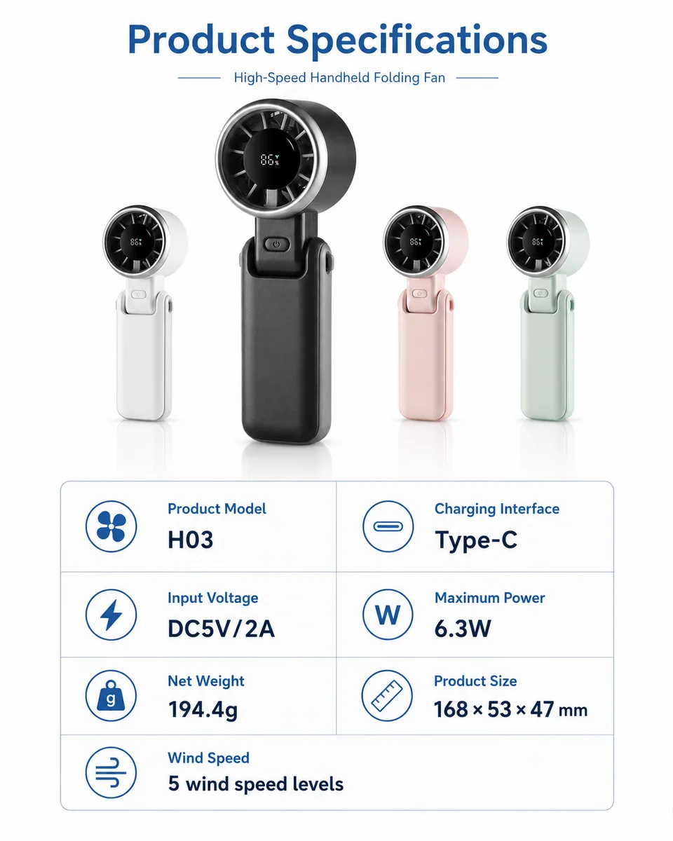 H03 Foldable Handheld Fan — Flexible Multi-Angle Adjustment