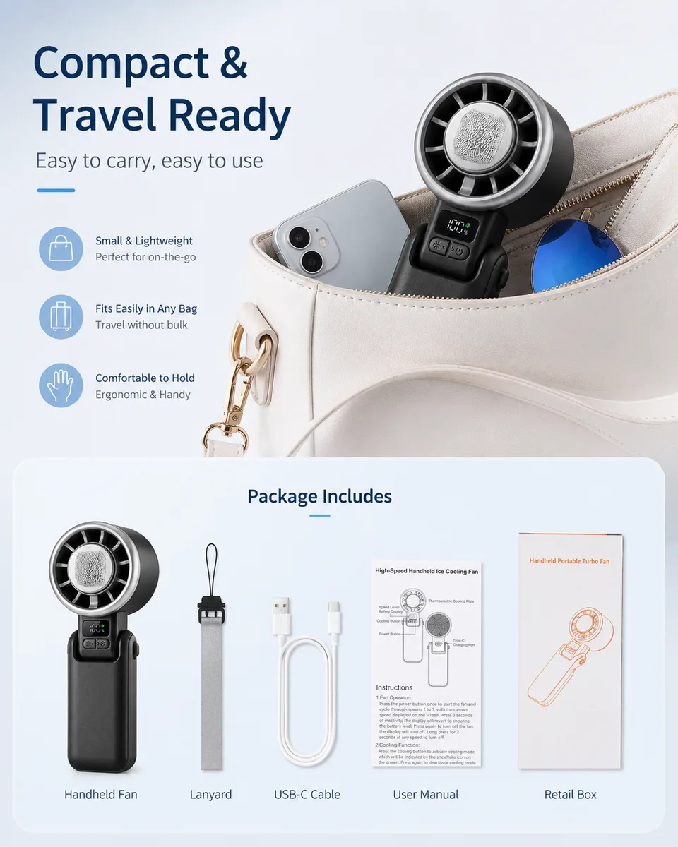H03B Ice-Cooling Handheld Fan — Handheld, Desktop and Hands-Free