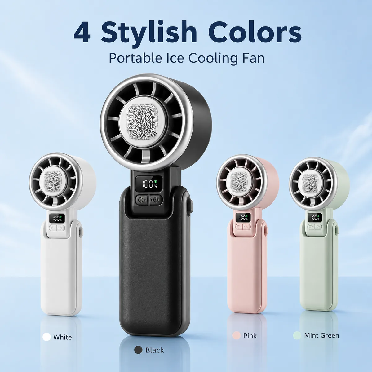 Range of Shulen handheld mini fans with digital displays in multiple colors
