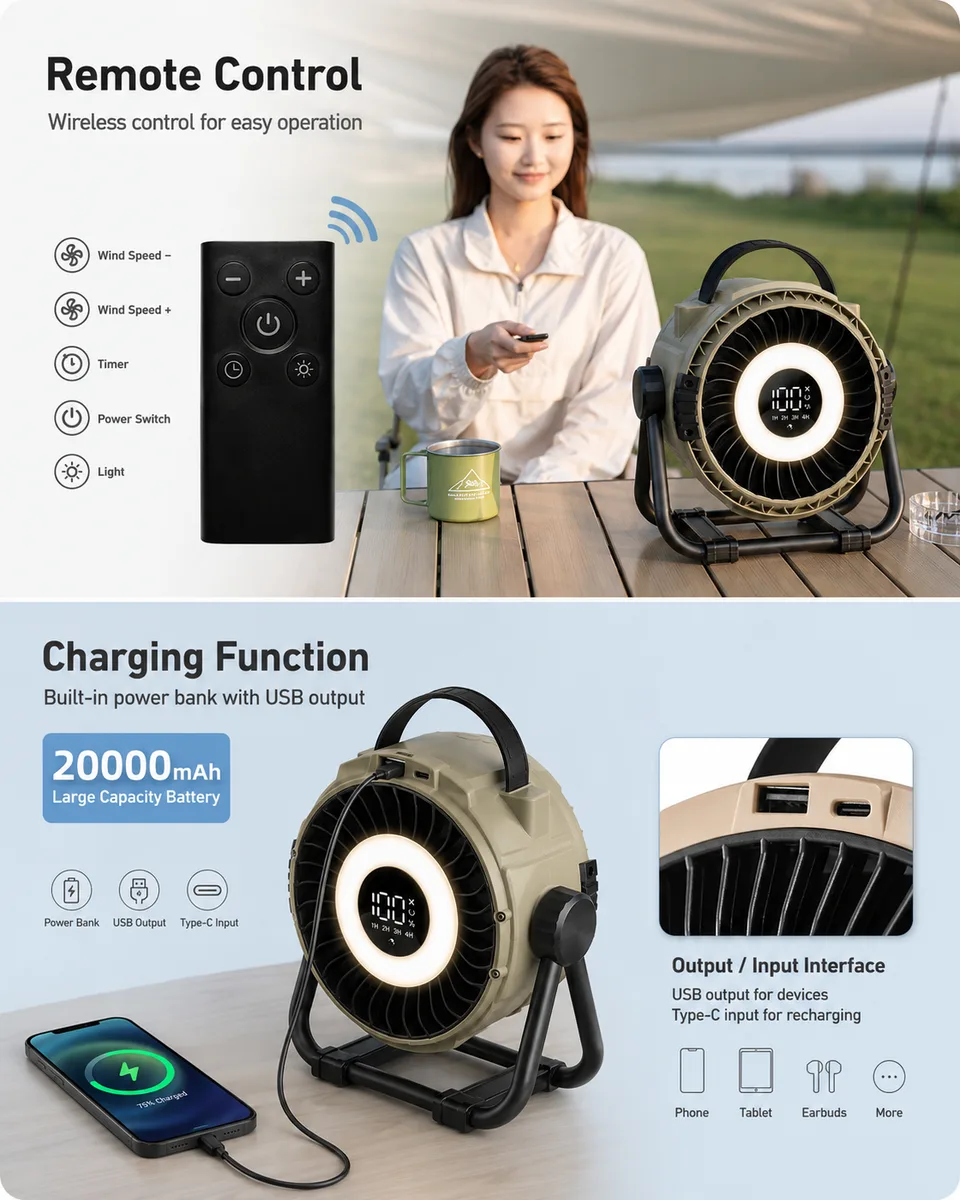 H10 Portable Outdoor Camping Fan — 20,000 mAh Rechargeable Battery