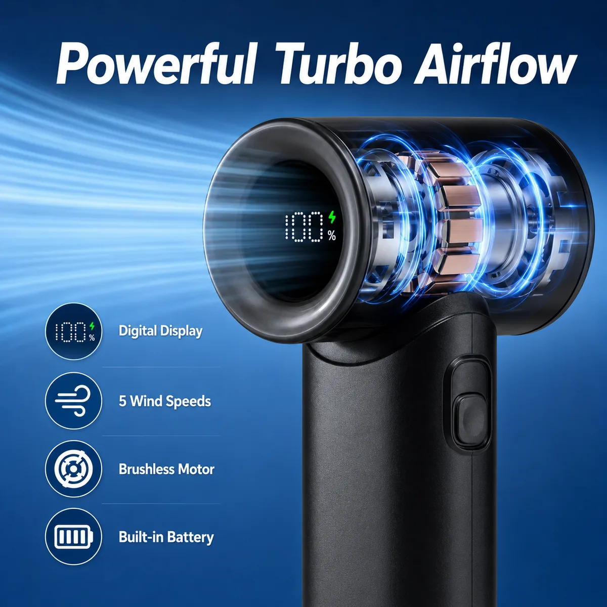 N610 High-Speed Turbo Handheld Fan — Five Adjustable Wind Speeds