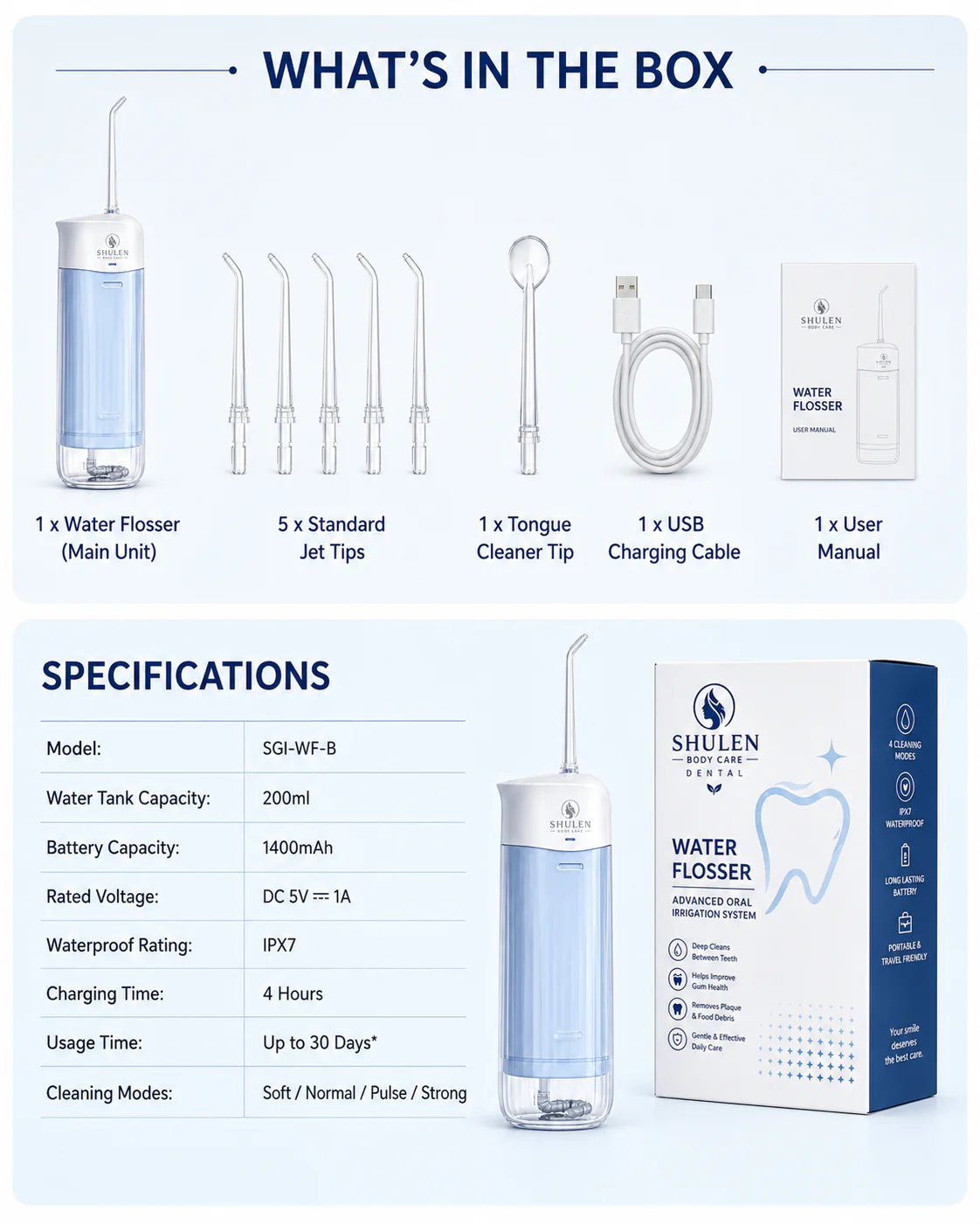 Shulen 200ml Portable Cordless Water Flosser — Modes for Different Daily Needs
