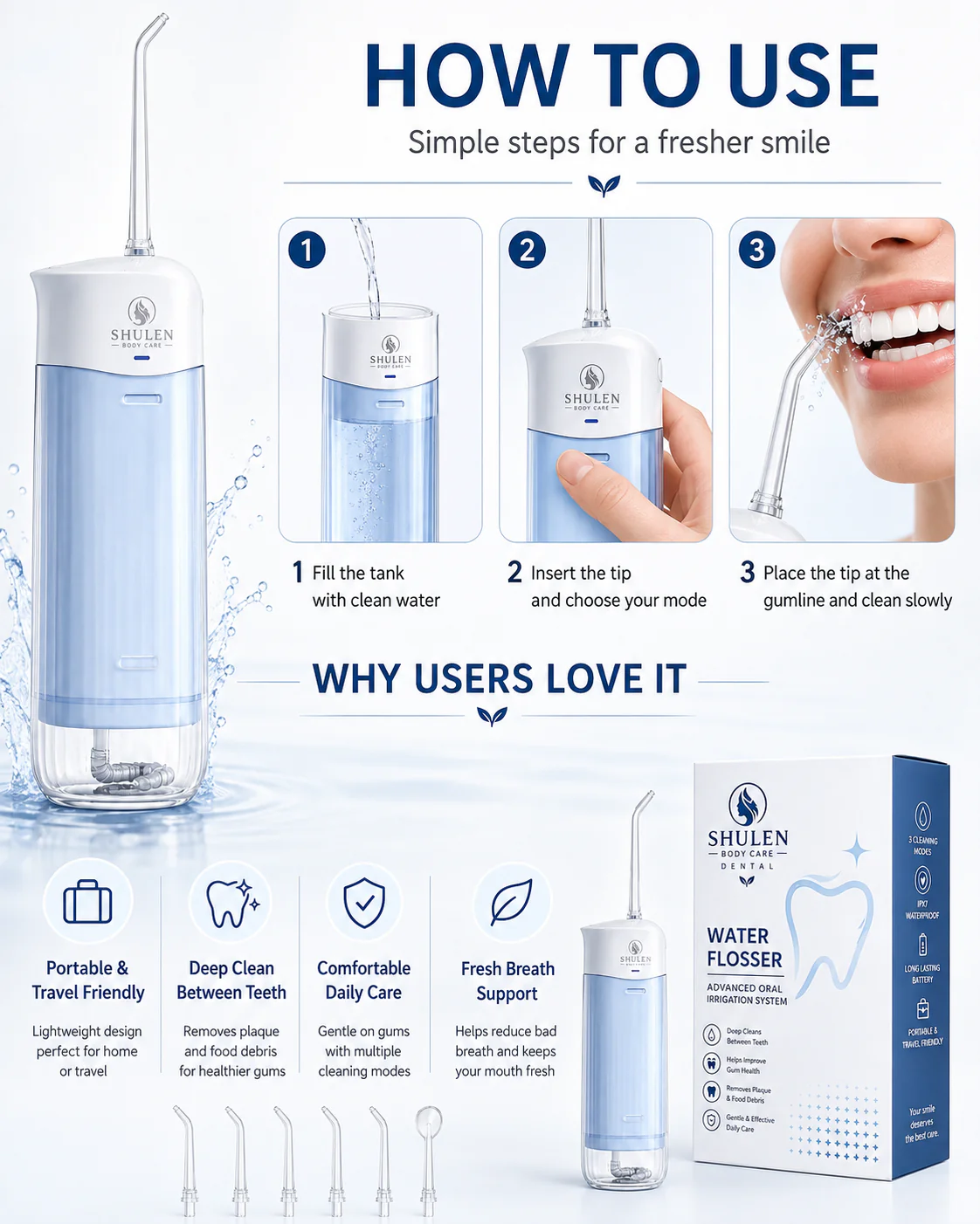 Shulen 200ml Portable Cordless Water Flosser — Compact, Quiet and Travel-Friendly
