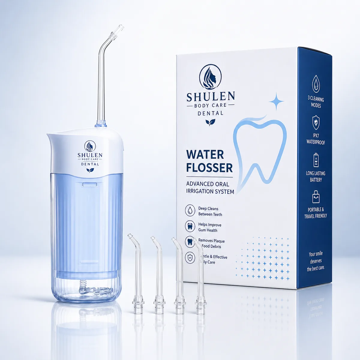 Shulen cordless water flosser with 4 cleaning modes and 200 ml water tank