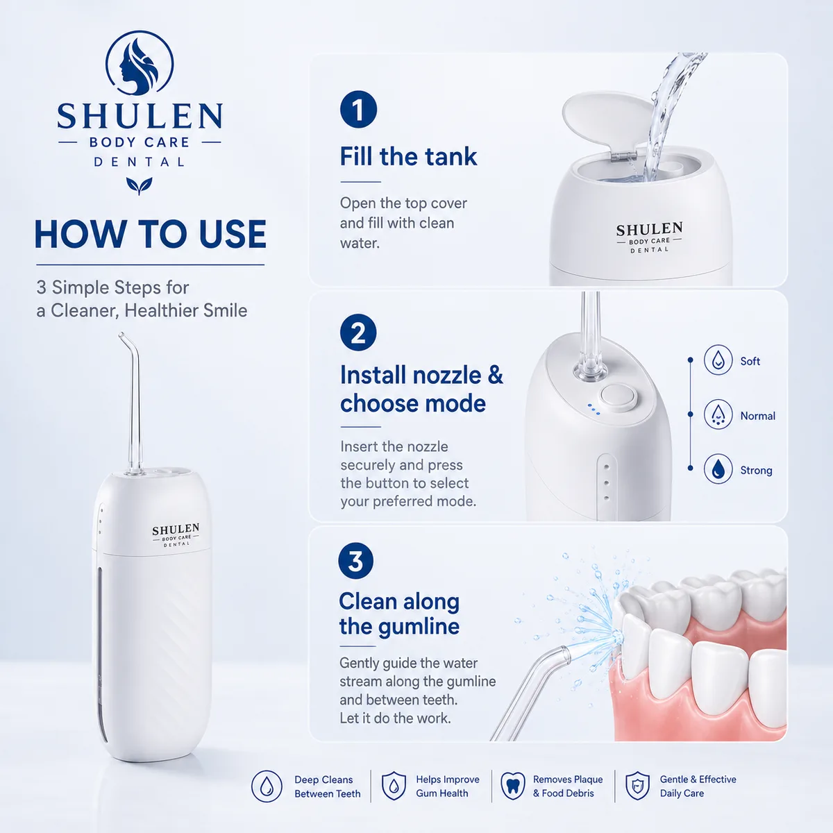 How to use the W360: fill the tank, install nozzle, select mode, clean along the gumline