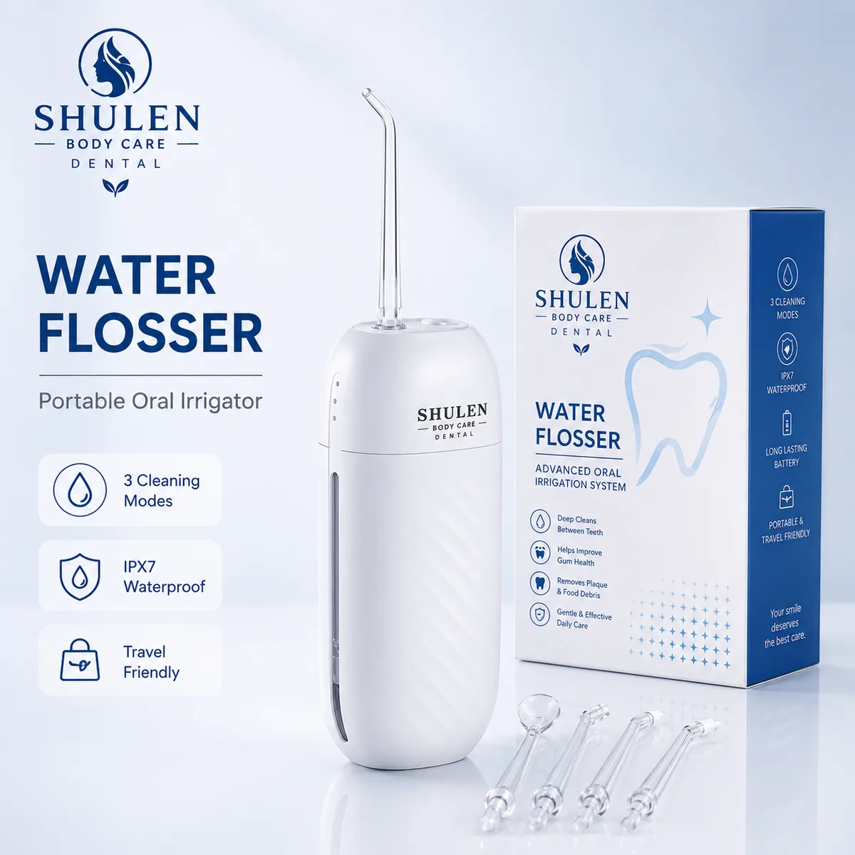 Shulen W360 capsule-sized portable water flosser, white travel oral irrigator