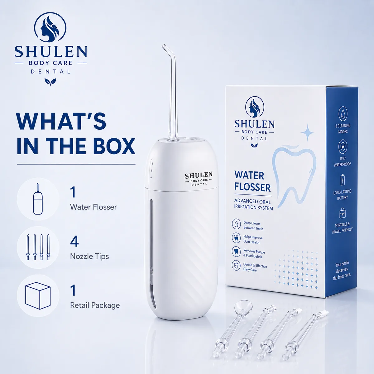 Portable water flosser packed in a travel toiletry bag